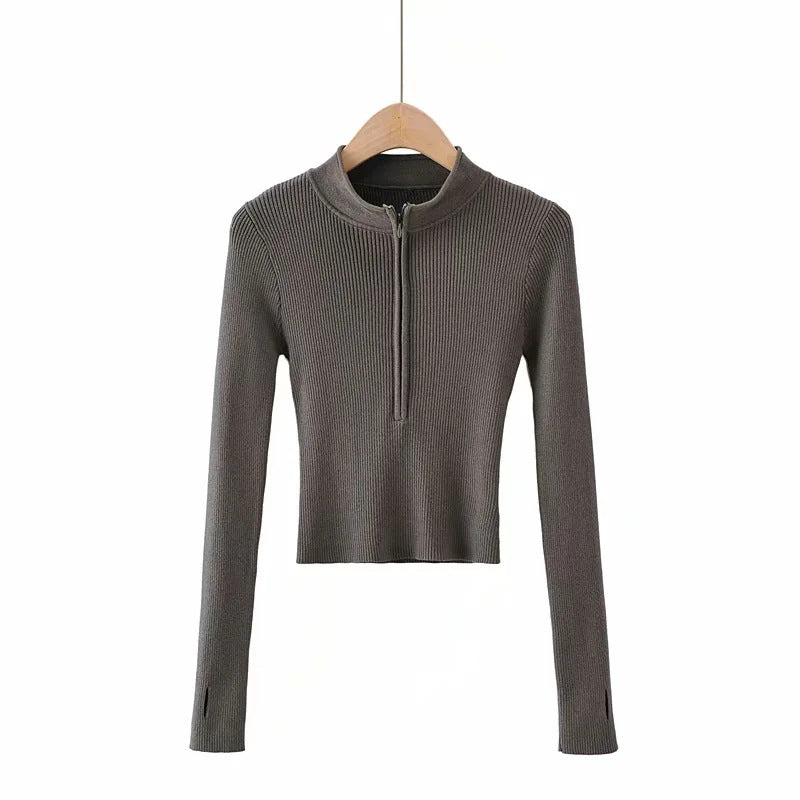 V-neck Long-sleeve Zip-up Bottoming Sweater