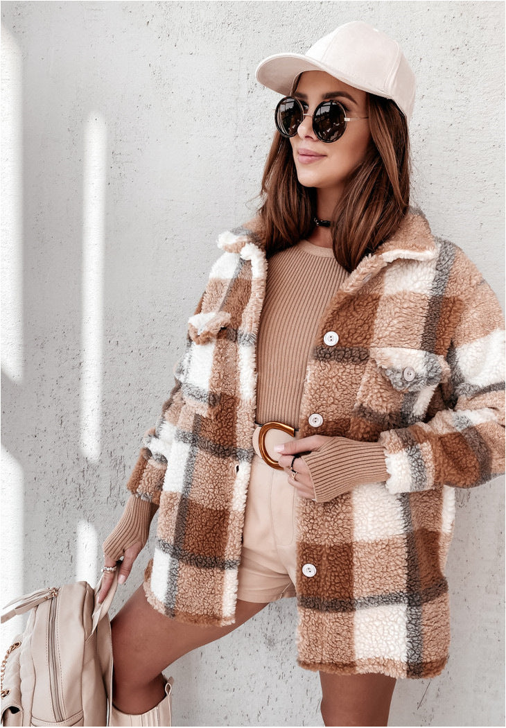 Women's Long-sleeved Suit Collar Double Pocket Plaid Fur Coat