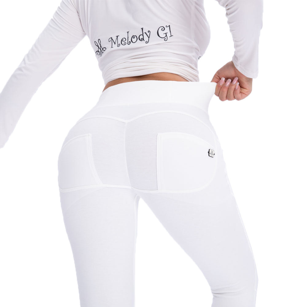 Weiße, pfirsichfarbene, eng anliegende Hüft-Stretch-Leggings mit hoher Taille