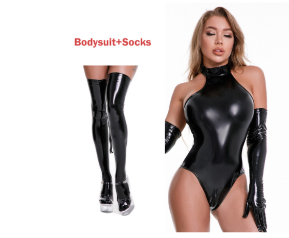 PU Leather Zip Pants Shiny  Bodysuit