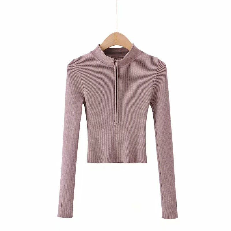 V-neck Long-sleeve Zip-up Bottoming Sweater