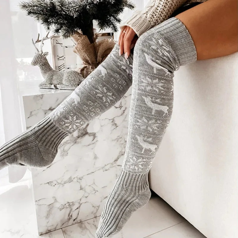 Winter Christmas Warm Knitted Women Stocking Beautiful Elk Snowflake Jacquard Over the knee Casual Long Socks For Ladies Gifts Free Size