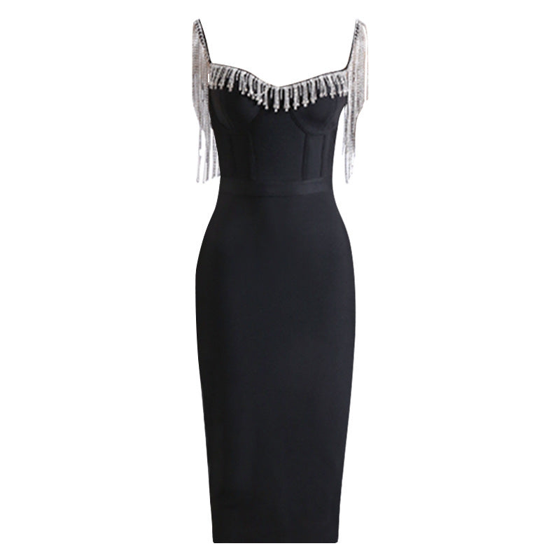 High-grade Diamond Tassel Tight Bandage Banquet Evening Dress