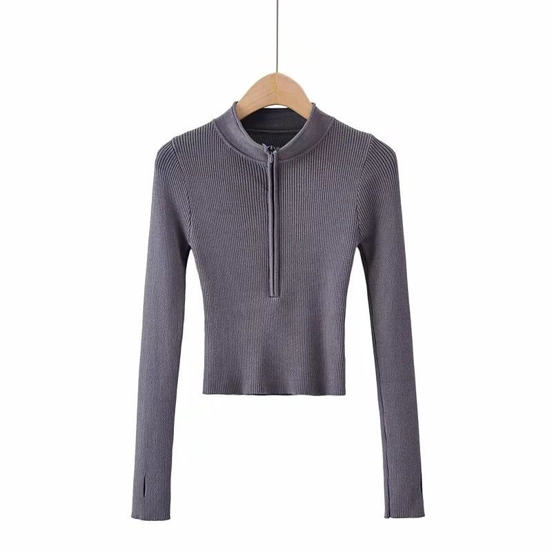 V-neck Long-sleeve Zip-up Bottoming Sweater