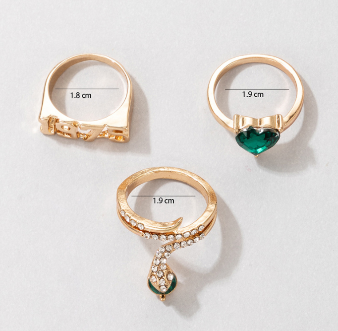 Emerald Heart Diamond 1975 3 Piece Set Snake Ring