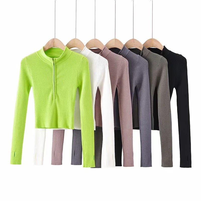 V-neck Long-sleeve Zip-up Bottoming Sweater