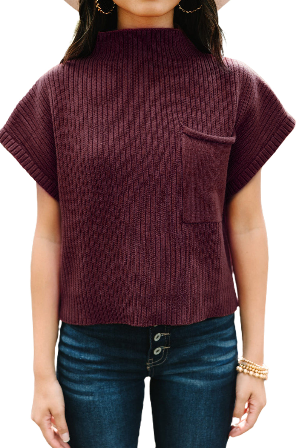 Oatmeal Patch Pocket Ribbed Knit Short Sleeve Sweater