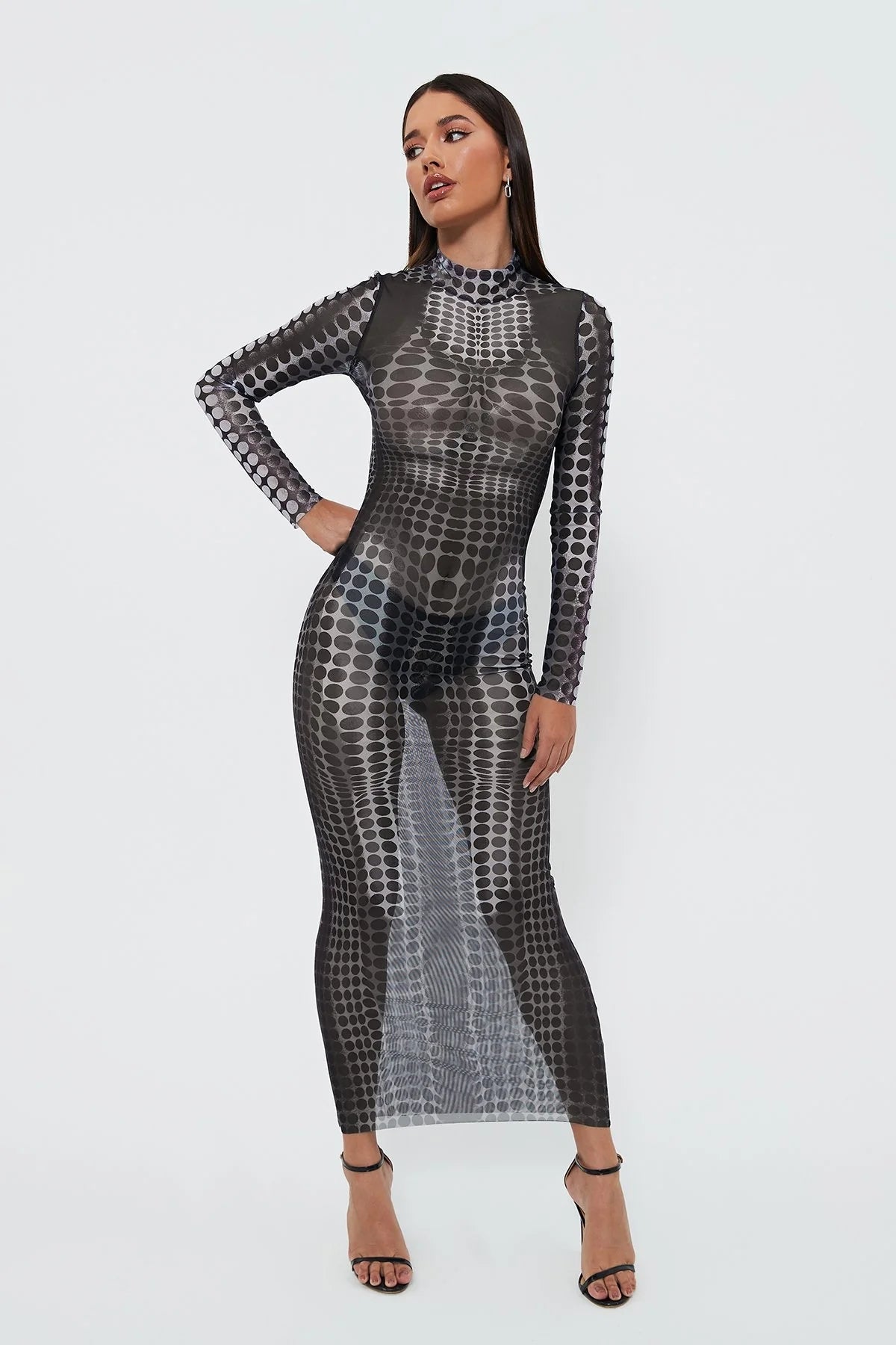 2023 Women's New Sexy See -through Mesh Printed High -waist Slim Long Dress