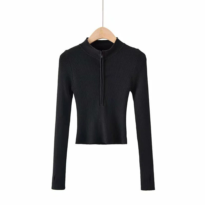 V-neck Long-sleeve Zip-up Bottoming Sweater