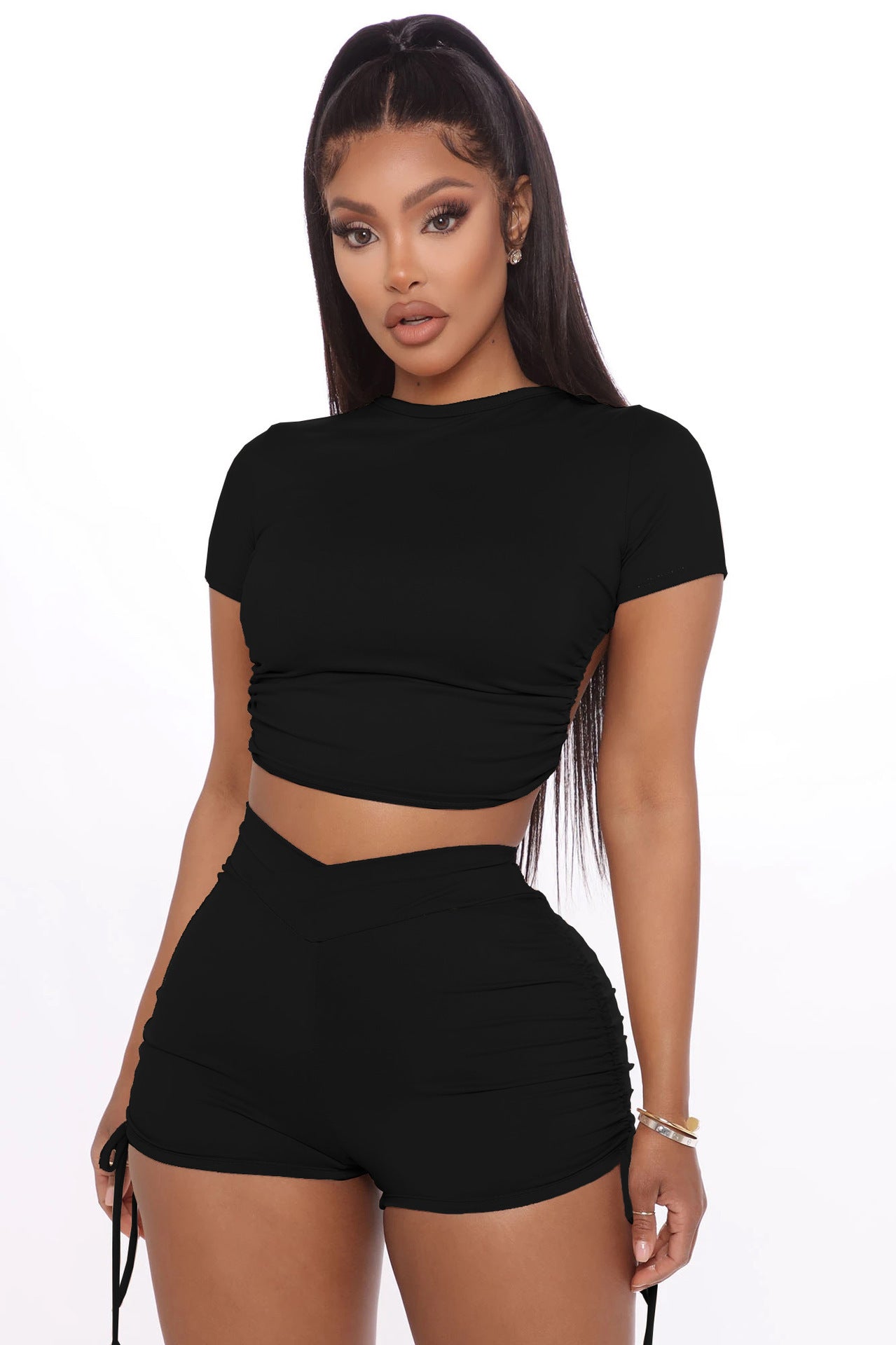 Women's Fashion Short-sleeved Shorts Backless Pleated Sports Suit