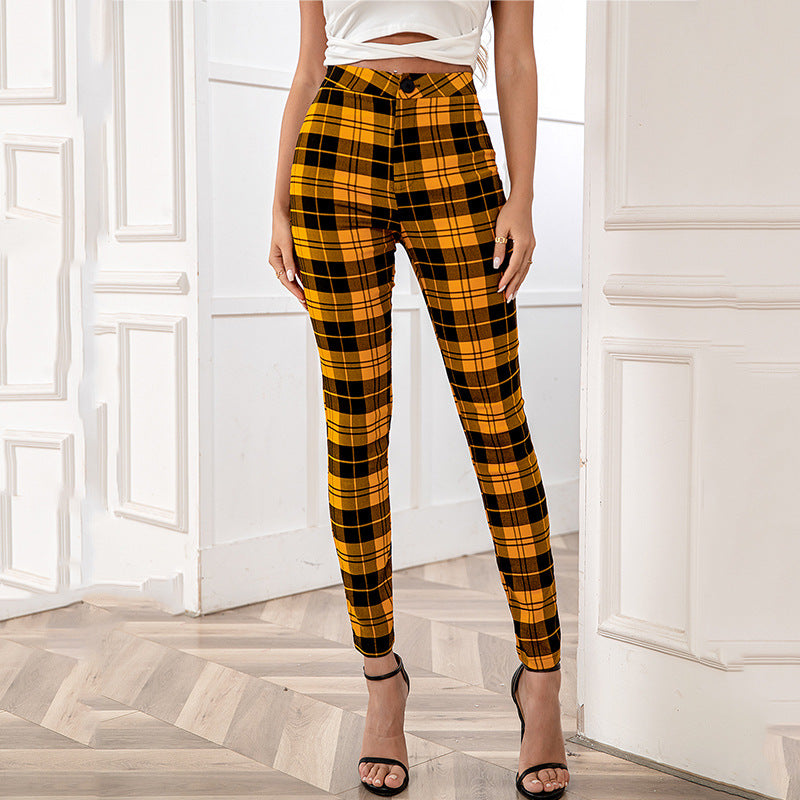 Fashion Women's High Waist Plaid Casual Pants