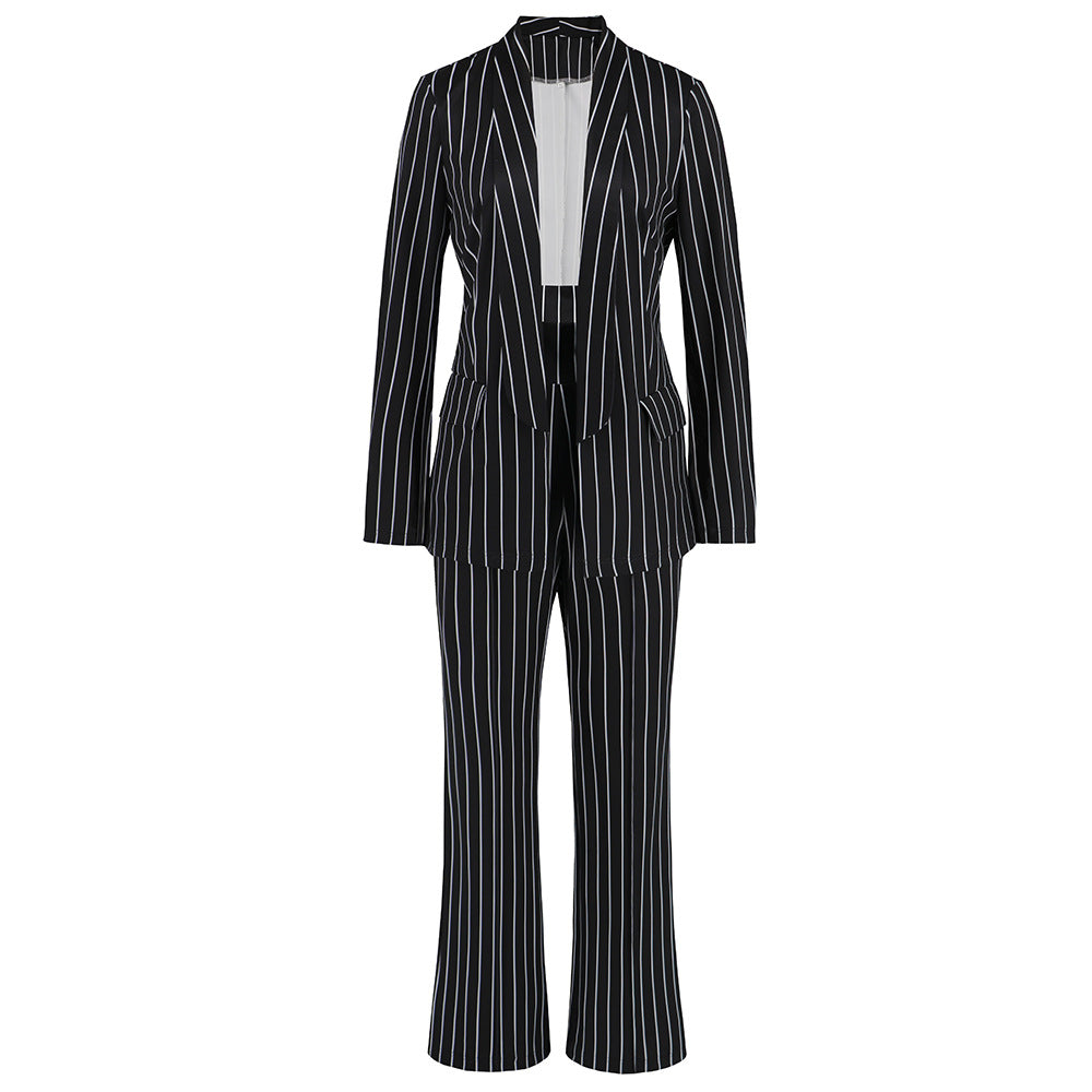 Women's Fashion Casual Striped Blazer Straight-leg Wide-leg Pants Suit