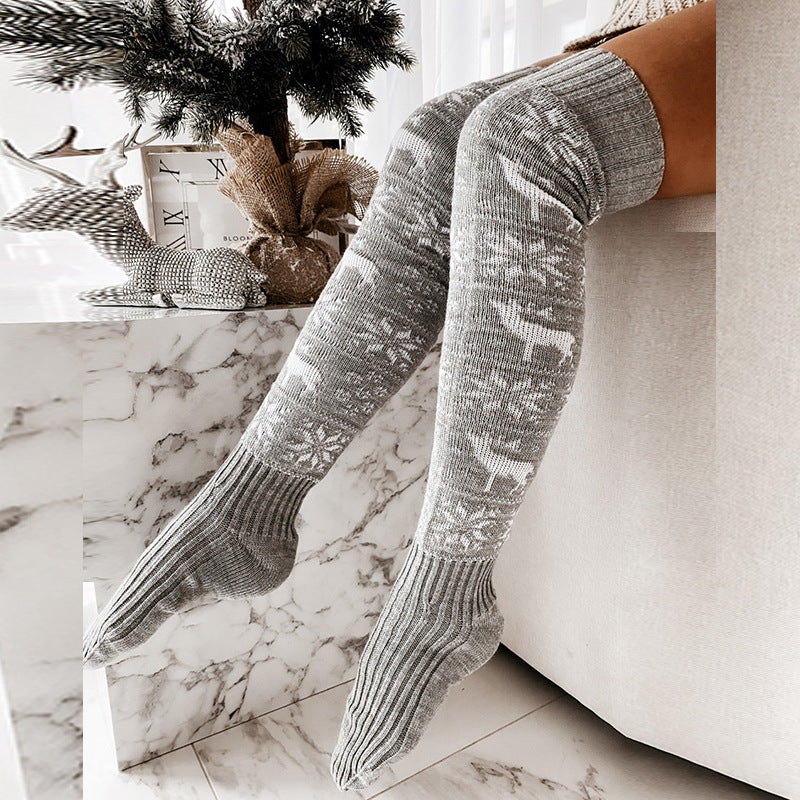 Winter Christmas Warm Knitted Women Stocking Beautiful Elk Snowflake Jacquard Over the knee Casual Long Socks For Ladies Gifts Free Size