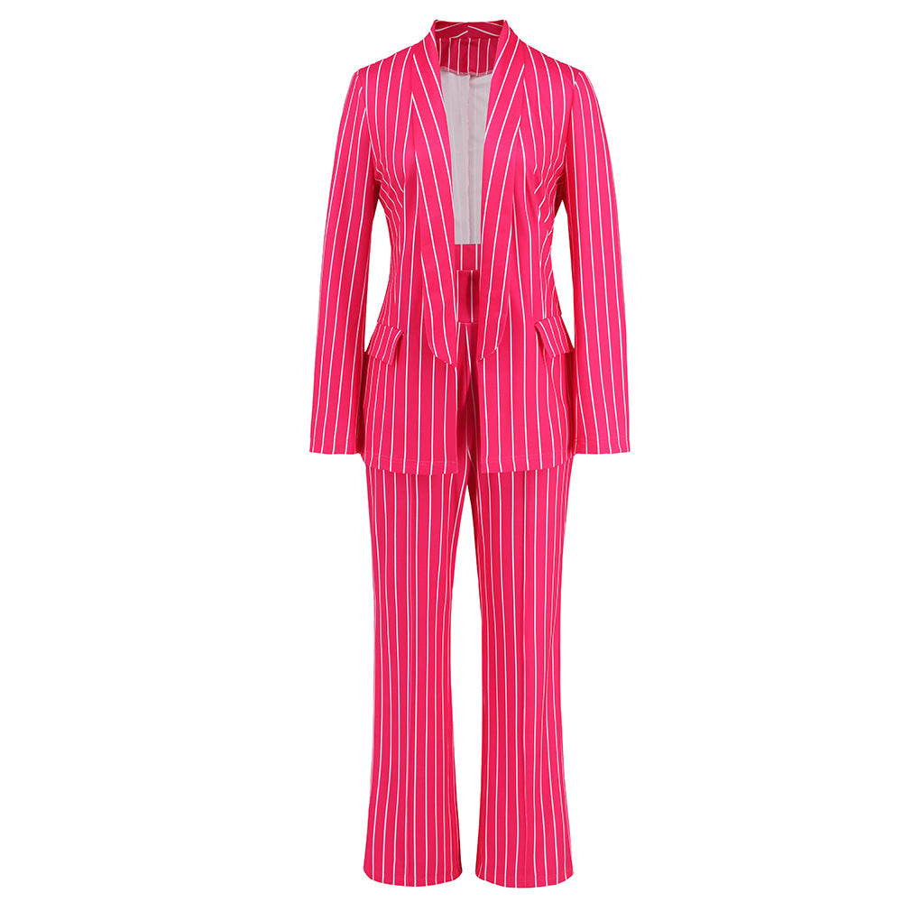 Women's Fashion Casual Striped Blazer Straight-leg Wide-leg Pants Suit