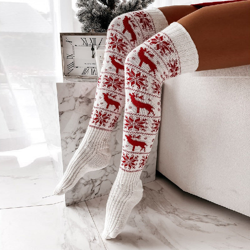 Winter Christmas Warm Knitted Women Stocking Beautiful Elk Snowflake Jacquard Over the knee Casual Long Socks For Ladies Gifts Free Size