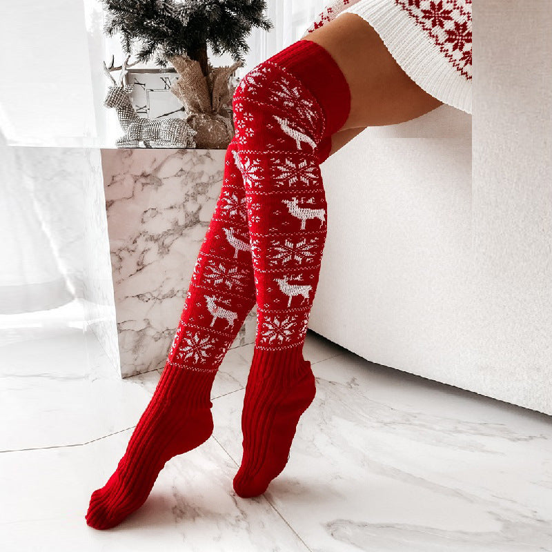 Winter Christmas Warm Knitted Women Stocking Beautiful Elk Snowflake Jacquard Over the knee Casual Long Socks For Ladies Gifts Free Size