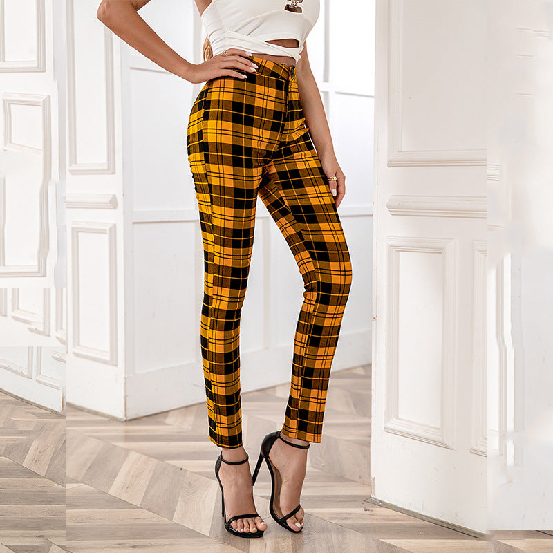 Fashion Women's High Waist Plaid Casual Pants