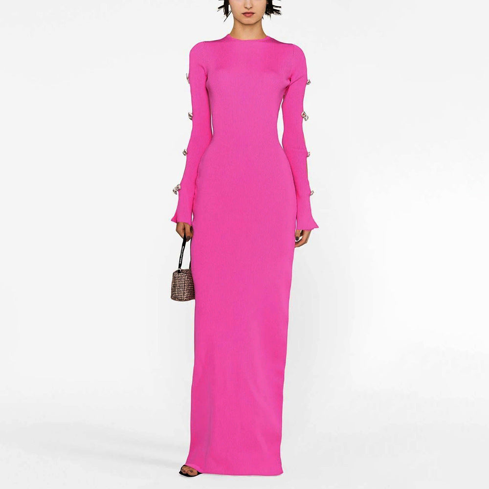 Rose Flared Long Sleeve Bow Hollow Dress