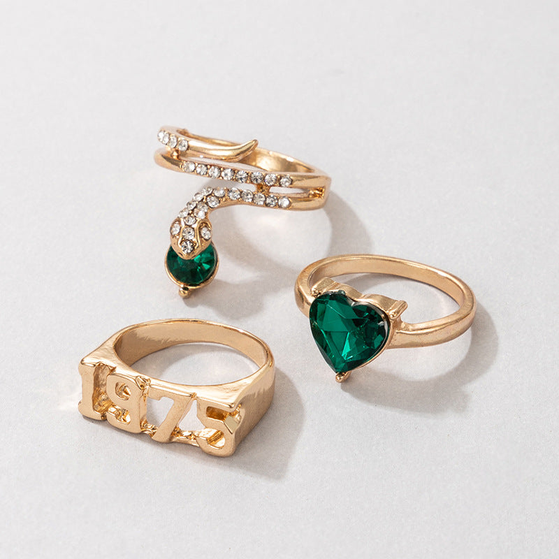 Emerald Heart Diamond 1975 3 Piece Set Snake Ring