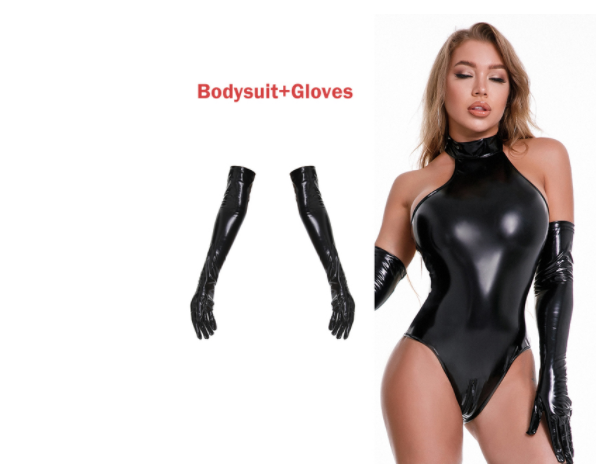 PU Leather Zip Pants Shiny  Bodysuit