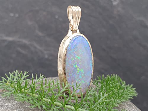 LeoLars-PABE Lightning Ridge Semi Chrystal GEM Opal Anhänger, 585er Gold, Opal 20x10mm grün-blau, eismattiert, Unikat, Handarbeit