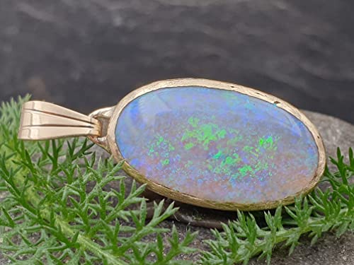 LeoLars-PABE Lightning Ridge Semi Chrystal GEM Opal Anhänger, 585er Gold, Opal 20x10mm grün-blau, eismattiert, Unikat, Handarbeit