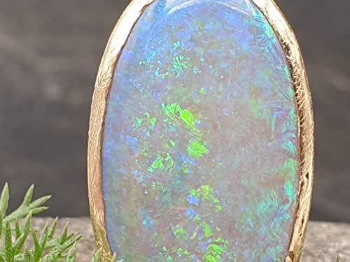 LeoLars-PABE Lightning Ridge Semi Chrystal GEM Opal Anhänger, 585er Gold, Opal 20x10mm grün-blau, eismattiert, Unikat, Handarbeit