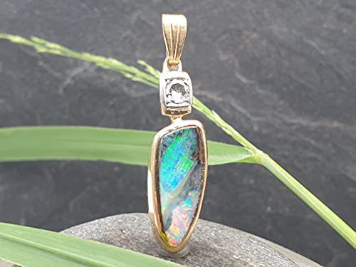 LeoLars-PABE GEM Boulder Opal Anhänger mit 0.25 ct. Brilliant aus 750 Gelbgold und Weißgold, Unikat, Handarbeit