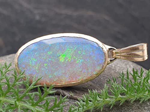 LeoLars-PABE Lightning Ridge Semi Chrystal GEM Opal Anhänger, 585er Gold, Opal 20x10mm grün-blau, eismattiert, Unikat, Handarbeit